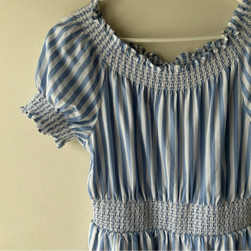J. Crew 100% cotton Smocked puff-sleeve poplin dress in stripe blue white S